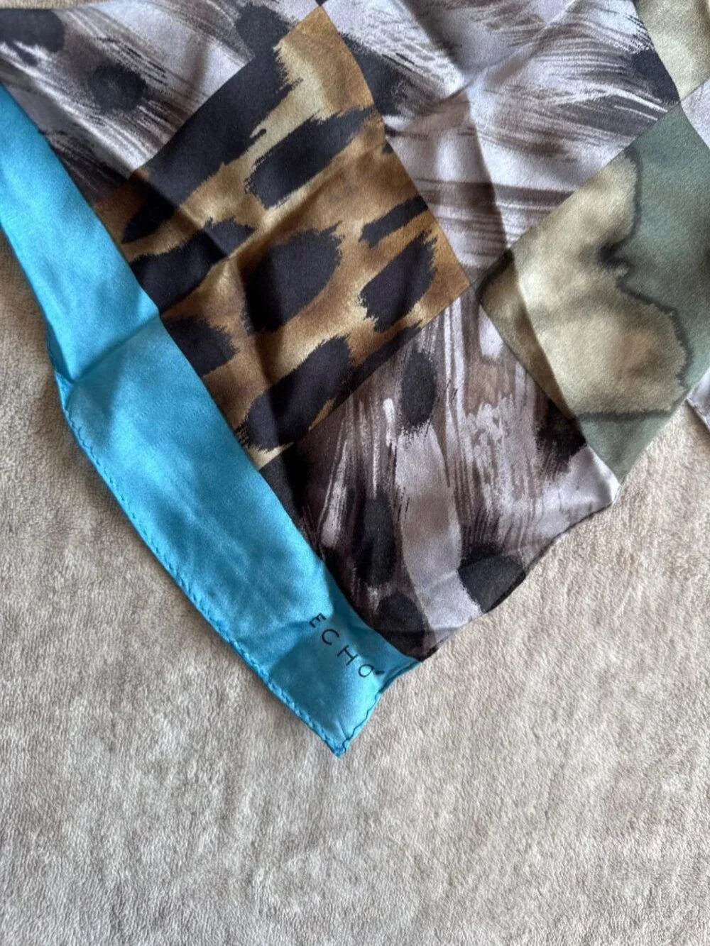 Echo Rectangle Animal Print Blue Trim 100% Silk Scarf Spring Summer Fall
